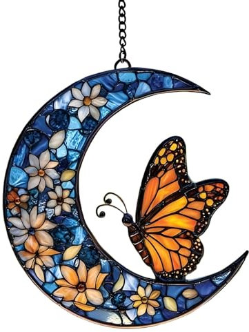 Attrape-soleil pour fenêtre, papillon et lune florale, attrape-soleil, monarque et lune de fleurs, ornement artistique acrylique pour la décoration de jardin