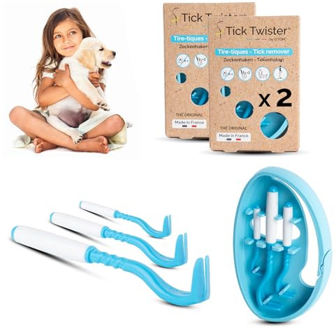 Tick Twister Tire Tique pour Chien, Chat et Humain (Lot de 2 Sets de 3) - Retrait Facile, Rapide et sans Douleur – Pince à Tique avec Boîte de Rangement, Idéal en Voyage et à la Maison (Bleu, 2 Sets)