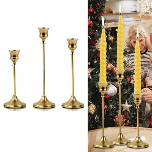 1 SET Brass Gold Candle Holders Metal Candle Stand Holders Candlestick, Vintage Modern Decoration for Table Mantel Wedding Christmas Party Gift