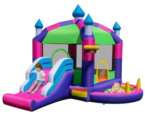 GYMAX 5 in 1 Kids Bouncy Castle, Inflatable Jumping House with Slide, Sun Roof, Ball Pit, Ring-toss Game & Basketball Hoop, Outdoor Blow up Playhouse for Garden Backyard (without Blower)