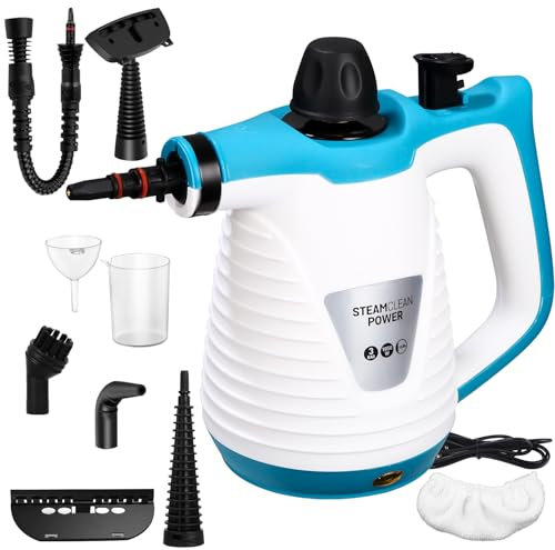FAOKZE Dampfreiniger mit 10 Zubehörteilen, 1050W Hand Dampfreiniger Handgerät, 3,0 bar Dampfdruck 500ml 3 Minuten Aufheizzeit, Dampfreiniger Boden für Auto Bad Fenster Teppich Sofa Fliesen Fugen
