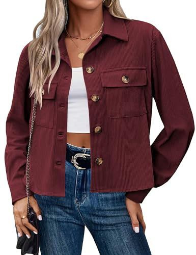 Hotouch - Giacca in corduroy da donna a maniche lunghe, con bottoni, stile blusa, con tasche, autunno inverno, casual, giacca corta, rosso vivo, XL