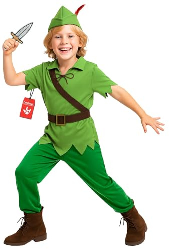 Morph Skogshjälte Dräkt Pojkar, Grön Äventyrarkostym med Tunika, Fjäderhatt och Leksaksdolk, Halloween Barn