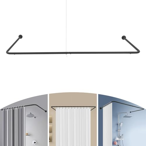 Duschdraperistång U-form duschstång hörn, duschspindel för badkar justerbar stålduschdraperistång för väggmontering – 75 x 150 – 190 cm, svart