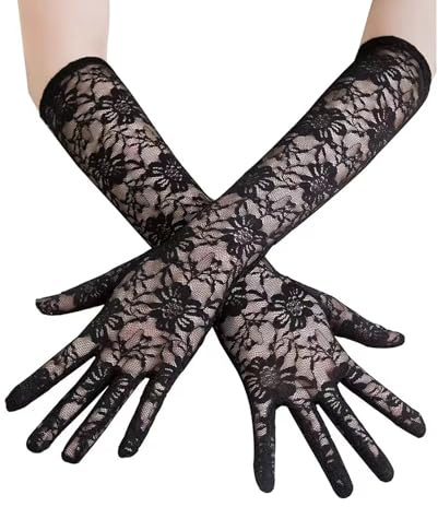 Daleweo Guanti Lunghi Tulle Pizzo Nero Taglia Unica, 35 cm