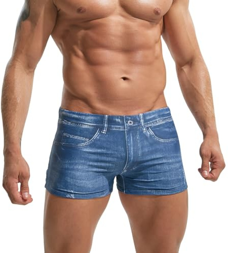 Oanviso Boxer de Bain Homme Short Maillot de Bain Fantaisie Imprimé Imitant Le Jeans Boardshort Cordon de Serrage Boxers Short de Plage de Surf