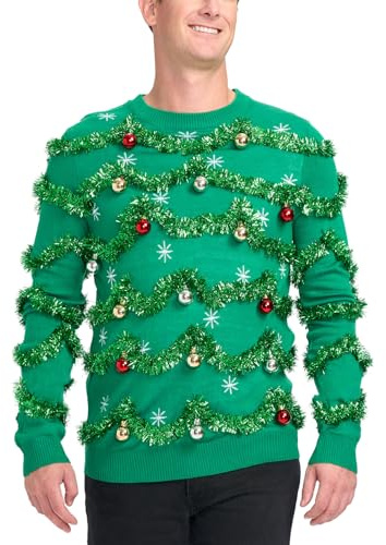 Tipsy Elves Men's Ugly Christmas Sweaters - Funny and Tacky Embellished Christmas Sweaters for Men - Green Gaudy Garland Christmas Sweater with Tinsel and Ornaments Size Large