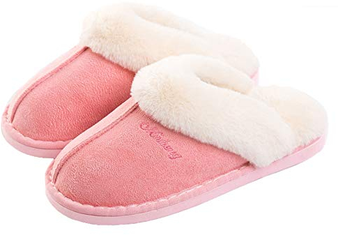 Women Men Slipper Memory Foam Fluffy Slip-on House Suede Fur Lined/Anti-Skid Sole Indoor & Outdoor - Pink - 3.5/5 UK - 270(40-41)