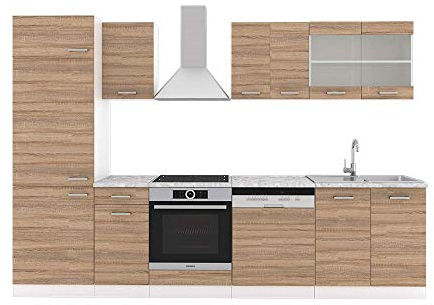 Vicco Küchenzeile R-Line, Sonoma/Weiß, 300 cm, AP Marmor
