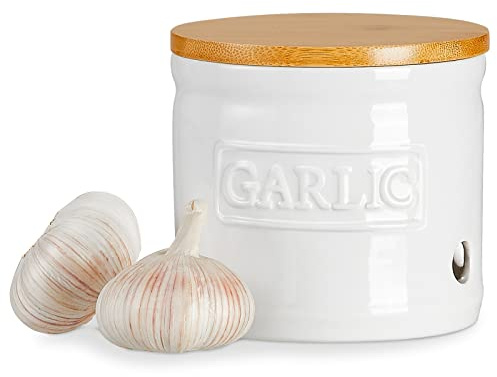 ONEMORE Garlic Keeper with Lid, Ceramic Garlic Saver 4 inch, White