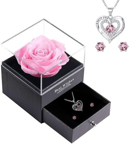 NEWUPZSI Regalo Madre Regalo Cumpleaños rosa con Collar y Pendientes para Mamá Rosa Eterna Caja Rosa Real Preservada Navidad Regalos para Mamá,Mejor Madre del Mundo