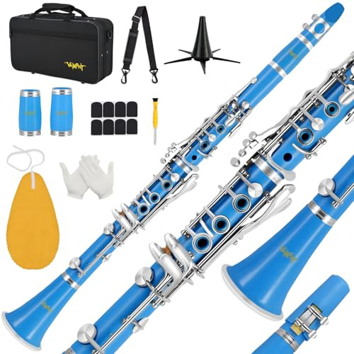 Bb Clarinet For Beginners Students B Flat Clarinet 17 Keys Clarinets with Case Stand Strap 2 Barrels 8 Mouthpiece Cushion White Gloves(Blue)