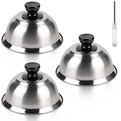 CPROSP 3X Cloche pour Hamburger INOX 16 * 9 cm, Cloche Chauffante pour Fondre Le Fromage, Cloche de Cuisson Burger avec 1 Mini-Tournevis, Cloche à Chaleur pour Steak