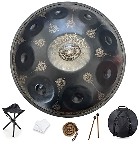 Handpan da 22 pollici a 9 note, strumento a percussione in re minore 432 Hz, performance musicale mandala, strumento musicale curativo fatto a mano, regalo nero