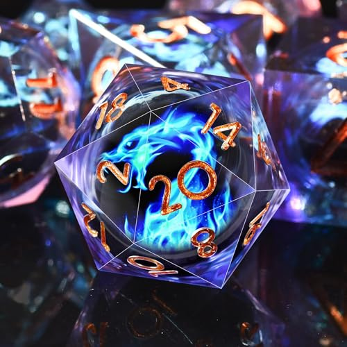 SIQUK 7 Stück DND Würfel Set Würfel Spielwürfel Liquid Core Würfel Polyedrische Würfel Set mit Geschenkbox für Dungeons and Dragons RPG MTG (Blau Flamme Drache)
