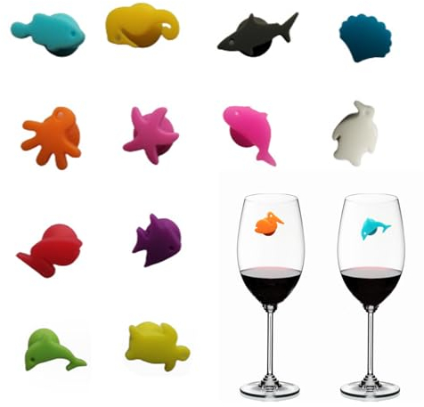 Spldsun 12 Pezzi Segnabicchieri per Calici, Segna Bicchieri, Etichetta bicchiere di vino in silicone, per Cocktail, Bicchieri da Champagne, Bicchieri da Vino