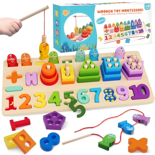 Plunack Montessori Holzspielzeug ab 2 Jahre, Magnetisches Angelspielzeug Lernen Feinmotorik, Holz Angelspiel für Kinde, Zahlen Formen Farben erkennen, Geschenk für Junge und Mädchen ab 2 3 4 5 Jahre