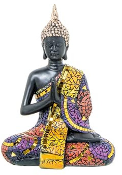 DRW Figura di un Buddha Abito Mosaico in Resina Multicolore 11x16x22 cm