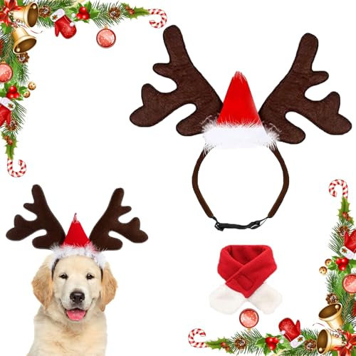Ajuanbazha Weihnachten Haustier Stirnband Set, Rentier Geweih Haarreif mit Weihnachtsmütze für Hund