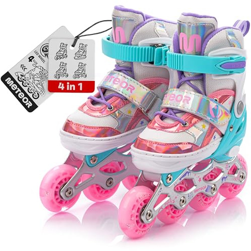 meteor verstellbare 4‑in‑1 Kinder Inline-Skates – Rollschuhe Inliner Schlittschuhe – ABEC‑7 PU‑Räder Aluminiumrahmen – Größen XS 25‑28 S 30‑33 M 34‑37
