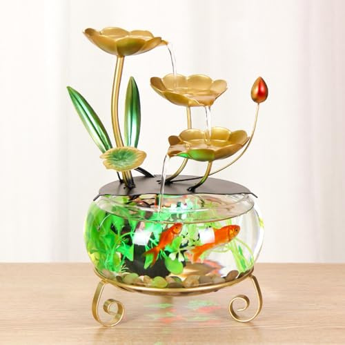 MIXIUJIEN Fontana da tavolo con foglie di loto, luci a LED e ciotola per pesci per la decorazione della casa, decorazione zen da giardino per interni ed esterni, con acqua fluente