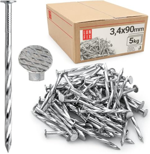 Chiodi rotanti 3,4 x 90 mm – 5 kg di chiodi in legno zincati, chiodi a torsione, 4 x 1/8, 90 mm di lunghezza, testa piatta per legno