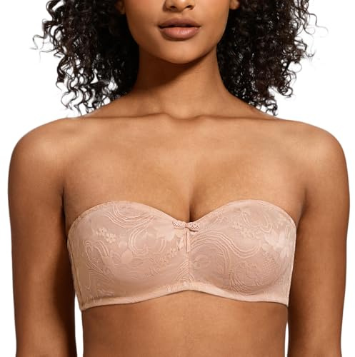 MELENECA Reggiseno Bandeau Donna Senza Ferretto, Pizzo Trasparente Minimizzante e Senza Spalline Beige 4A