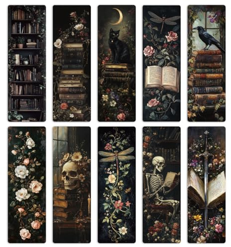 Gothic Dark Academia Bookmarks for Women - 20 Pcs Vintage Books Flowers Cottagecore Paper Bookmark for Novel Lovers, Retro Dark Romance Aesthetic Black Cat Skull Decorations Gift for Book Lovers