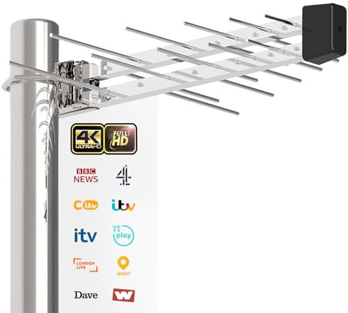 Antenne TV d'extérieur - 5 éléments - Antenne numérique HDTV Yagi longue portée pour réception Freeview, UHF/VHF - Prend en charge la TV Full HD et 4K - Design résistant aux intempéries - Câble