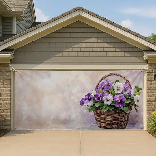 Housse de porte de garage à motif floral printanier, violet et blanc, grandes décorations de porte de garage, décoration de jardin extérieur, toile de fond 397 x 180 cm