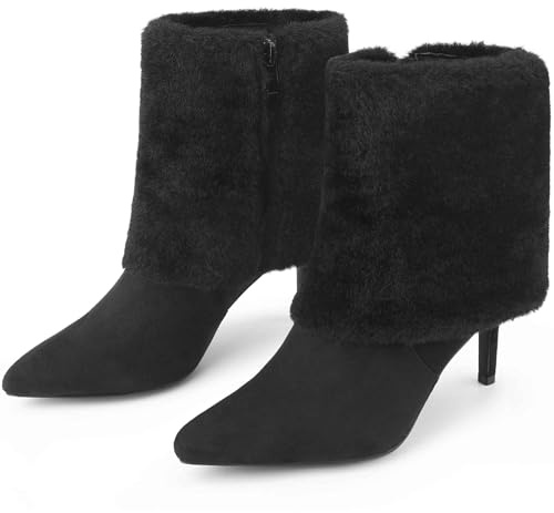 Perphy Pointed Toe Stiletto Heel Black Fur Ankle Boots for Women Dressy - 6 M US