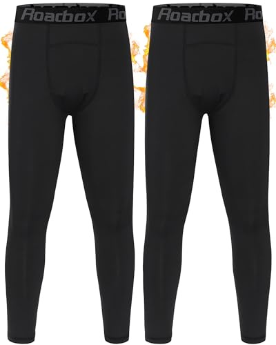 Roadbox 2 Pack Thermal Leggings Kids, Boys Base Layer Football Tights, Youth Sports Running Fleece Lined Compression Pants