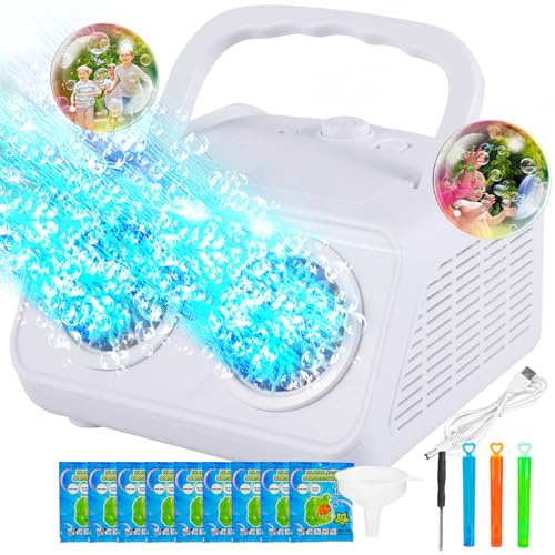 Vorcy Automatic Bubble Machine Upgrade Bubble Blower with 2 Fans, 20000+ Bubbles Per Minute Bubbles for Kids Portable Bubble Maker Operated by Plugin or Batteries for Indoor Outdoor Birthday Party