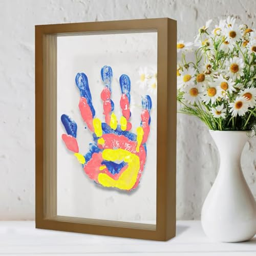 Familj handavtryckssats gör-det-själv handtryck minnessak ram med 6 icke-giftiga färger, skugglåda hantverkskit för 4 handtryck, fotavtryck bildram present till nya föräldrar, morföräldrar