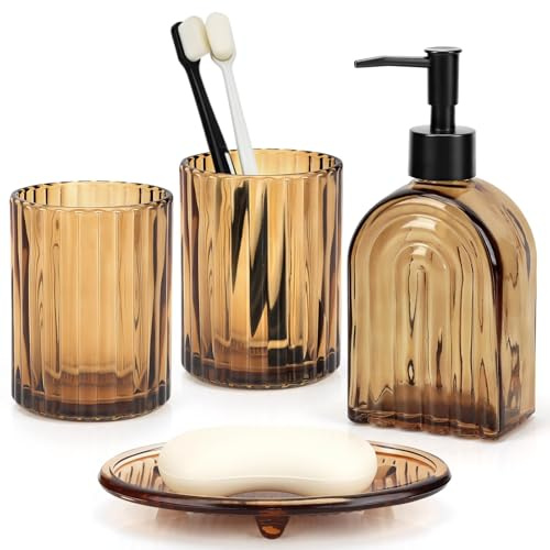 4Pcs Amber Glass Bathroom Accessories Set – Arched Stripe Design Soap Dispenser, Toothbrush Holder, Tumbler & Soap Dish – Complete Vintage Bathroom Countertop Organiser Set for Home Decor (Amber B)