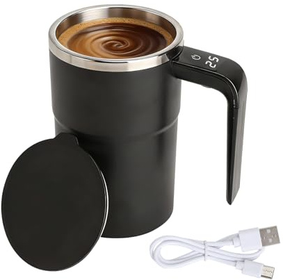 VOSSOT 380ML Schwarz Selbstrührende Tasse mit Temperaturanzeige Kaffeetasse mit Deckel Magnetische Selbstrührender Becher USB Kaffeebecher Automatischer für Kaffee Tee Milch Heibe Schokolade