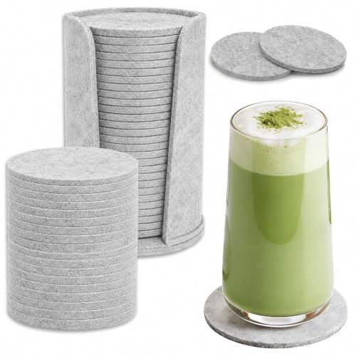 50 Set Filzuntersetzer Rund, Filz Untersetzer FüR GläSer, Glasuntersetzer Waschbar, mit 2 STK aufbewahrungsbox, Filz Untersetzer für Tassen, Tisch, Bar, Getränke (10 cm, Grau)