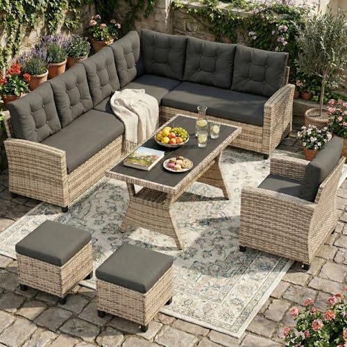 Amopatio 9 Seater Rattan Garden Corner Sofa Set, Patio Dining Set Conversation Set with WPC Dining Table & Storage Shelf & 8 cm Cushions, All-Weather Garden Furniture Conservatory Set, Tawny & Grey