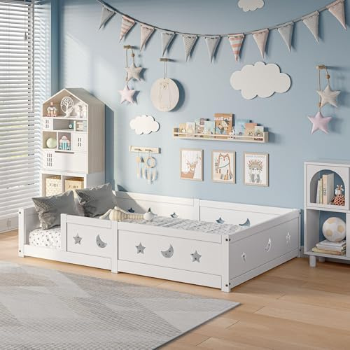 Henunem Lit pour Enfant 90x200 cm,lit au Sol Enfant en Bois Naturel avec Protection Contre Les Chutes,Lits Enfant 90x200 avec Étoiles et Lune, Lit Montessori en Panneau de Particules, Blanc
