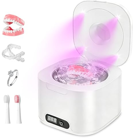 Dispositivo di pulizia ad ultrasuoni 48000 Hz UV pulitore ad ultrasuoni per protesi dentali, dentale Pod per binario, 4 modalità timer, contenitore in acciaio inox, per occhiali, gioielli e protesi