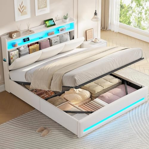 AOGLLATI Ottoman Bed Double 135x190 cm, Double Bed Frame with Hydraulic Underbed Storage and Charging Ports, 4ft6 Bed Frame with LED Lights and Upholstered Storage Headboard, Space-saving, Beige