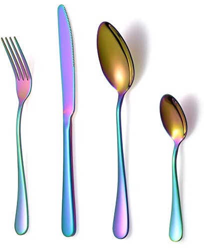 16 Piece Rainbow Cutlery Set, Classic Stainless Steel Flatware Silverware Sets with Knives and Forks Spoons TeaSpoons, Service for 4 People, Mirror Polished,Dishwasher Safe (Multicoloured Colourful)