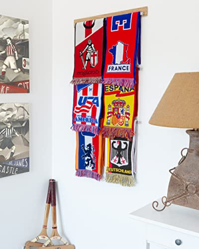 Qthrone Football scarf display rack- Soccer scarves display Holder - Sport Decor Home - Oak and stainless steel