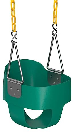 Jungle Gym Kingdom Baby Swing Outdoor - Heavy Duty Toddler Swing Set Accessories, High Back, Full Bucket Seat with Coated Chains for Outdoor Use - Fully Assembled - Green