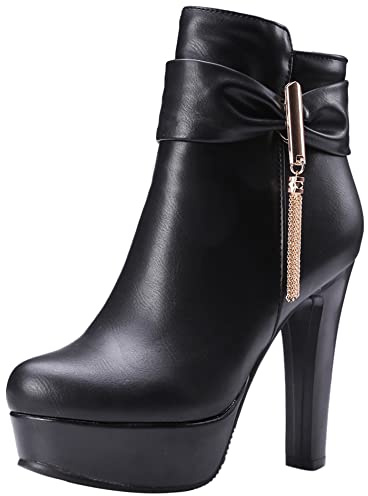 Lroey Reoly Stivaletti da Donna con Tacco a Blocco, Stivali da Vestito Tacco Alto Punta Rotonda Polacchine Zip Plateau Stivali Invernali 210 Nero Numero 36 EU