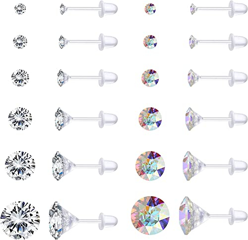 Adramata 12 Paar Klare Ohrringe Kunststoff Ohrstecker für Frauen Kunststoff Ohrringe für empfindliche Ohren Klare Piercing Halterung für Sport Arbeit Kristall Ohrstecker Pack,AB