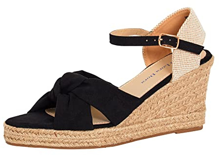 Womens Open Toe Wedge Sandals Espadrille Wedges Strappy Hessian Ankle Wrap Shoes Black UK 8