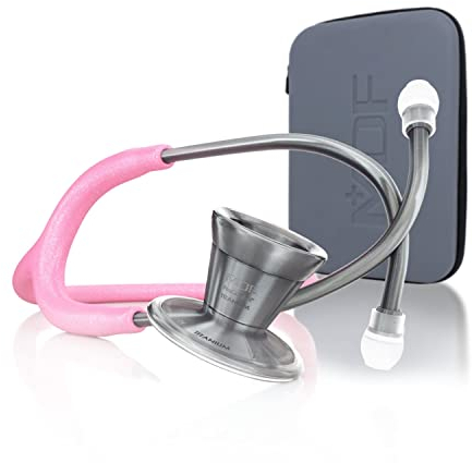MDF ProCardial estetoscopio de cardiología con estuche, titanio ligero, adulto, pabellón doble, tubo rosa con lentejuelas, pabellón casco Metalika, edición limitada de Mprints, MDF797TGL01MT