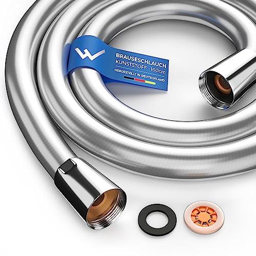 LOBENSWERK Duschschlauch 1,6m [inkl. Durchflussbegrenzer] Trinkwasser Geprüft, 1/2 Anschluss - Brauseschlauch Silber mit doppeltem Verdrehschutz, Knick- und Reißfest