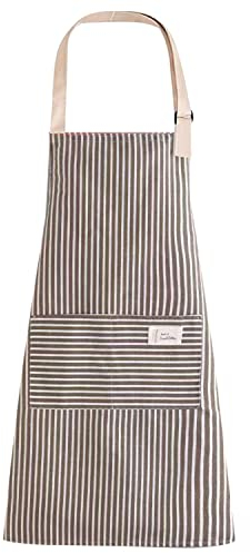 Gestreifte Latzschürze, Kochschürze, verstellbare Schürze mit 2 Taschen, Kochschürze, Baumwollschürze für Damen/Herren (hellbraun)